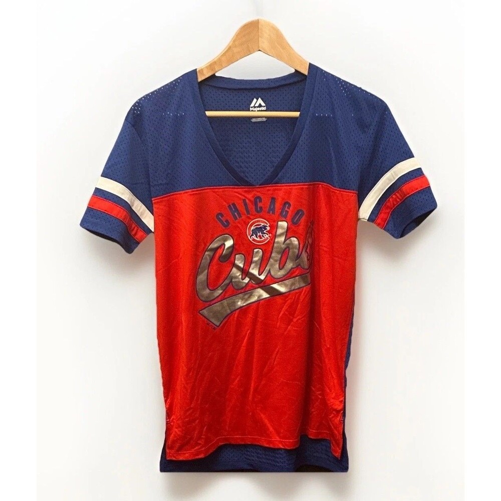 Cute Majestic Chicago Cubs MLB S Blue Red Shirt MLB Fan Apparel Jersey Material